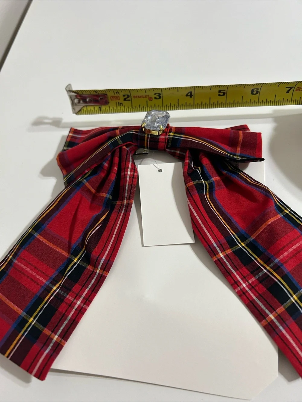 J. Crew Women’s/Girls Oversized Plaid Crystal Bow Barrette, red/black
